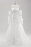 White A Line Strapless Applique Lace Wedding Dress with Detachable Sleeves
